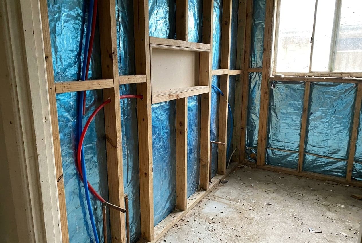 A rectangular shower niche framed into a timber stud wall at rough-in stage, with noggins forming the recess, blue wall wrap behind the studs and water lines running up the cavity